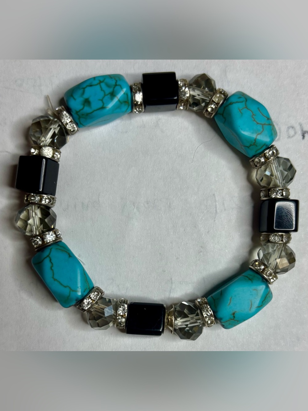 Turquoise and Black Beaded Stretch Bracelet with Silver Accents